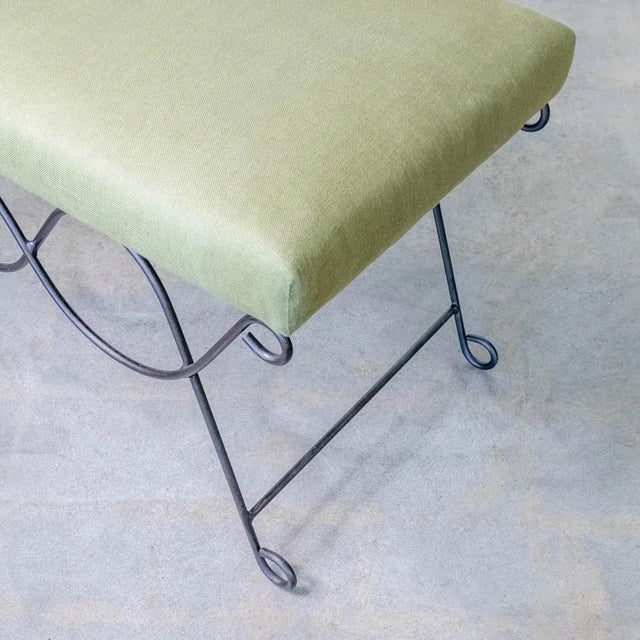 Iron Double Loop Bench, Green Linen For Sale In Los Angeles - Image 6 of 8