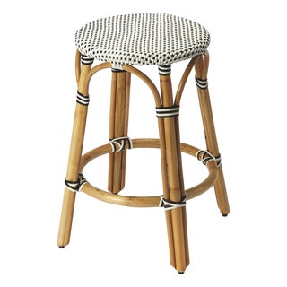 Tobias 24 in. Seat Height Round Rattan Backless Counter Stool, White/Black Dot/ Natural Rattan Frame For Sale