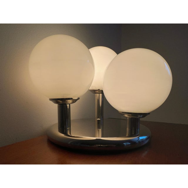 Mid-Century Modern Vintage Space Age Chrome Ceiling Lamp with 3 Opaline Glass Spheres from Kalmar, 1980s For Sale - Image 3 of 11