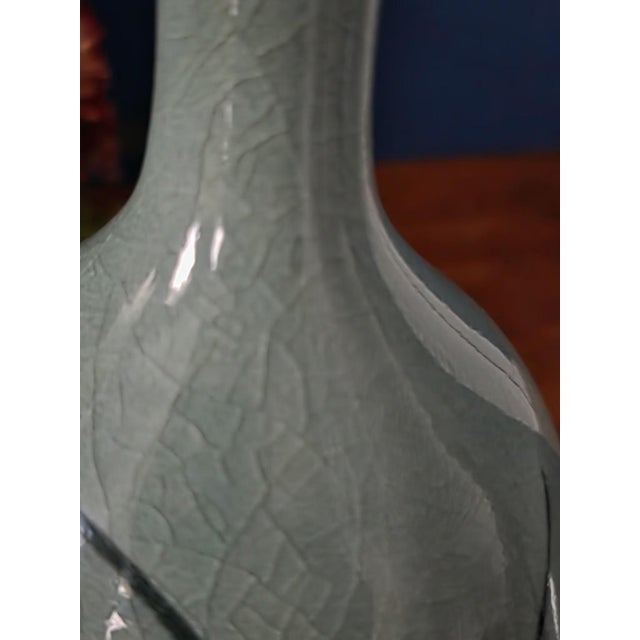Vintage Asian Hand Painted Celadon Vases For Sale - Image 9 of 13
