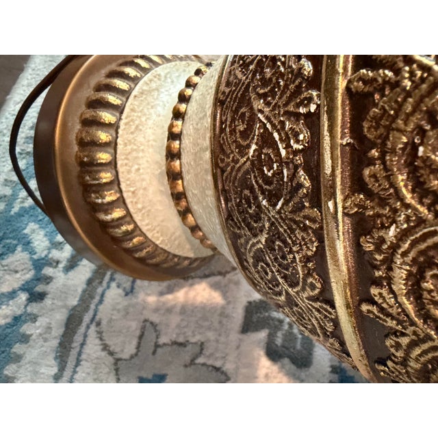 Bronze Vintage 1970s Hollywood Regency Chunky Gold Filigree Table Lamps With Fringed Shades - A Pair For Sale - Image 8 of 10