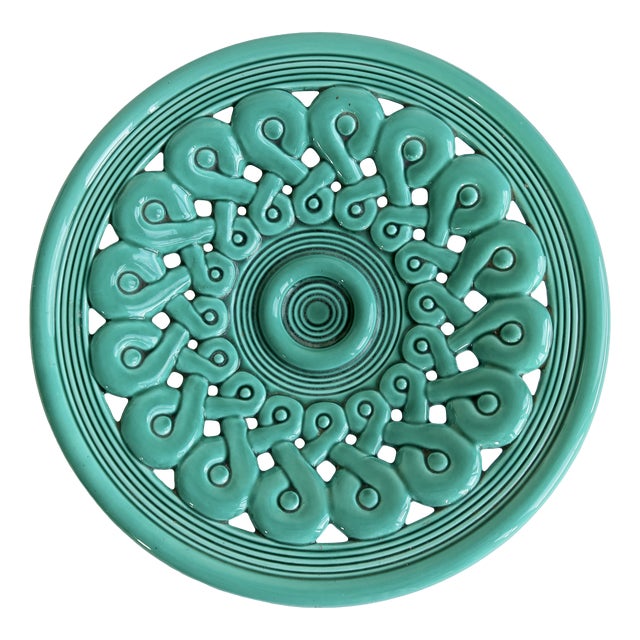 Large Vintage Turquoise Ceramic Bowl with Openwork Braided Pattern, 1950s For Sale