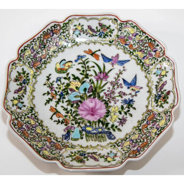 Vintage Famille Rose Porcelain Plate With Birds and Flowers Hand Painted Decor For Sale - Image 10 of 11