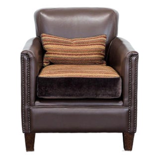 Brown Leather Lounge Chair With Decorative Cushion For Sale