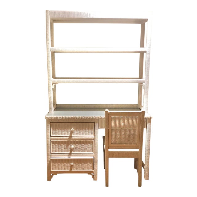 Vintage Henry Link White Wicker Desk and Book Shelf and Chair Chairish
