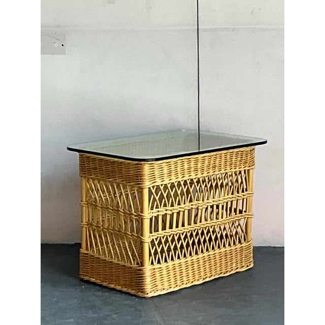 Vintage Boho Trellis Rattan Side Table For Sale - Image 9 of 11