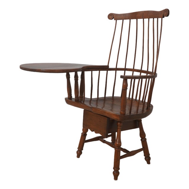 Antique Early American Windsor Writing Desk Armchair With Drawer For Sale