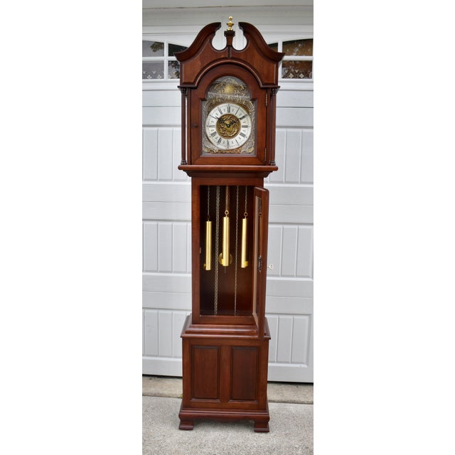 Traditional Mahogany Grandmother Clock Vintage Mechanical Embossed Dial For Sale - Image 11 of 18