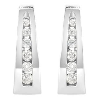 14k White Gold 1/4 Cttw Channel-Set Brilliant Round-Cut Diamond Hoop Earrings, A Pair For Sale