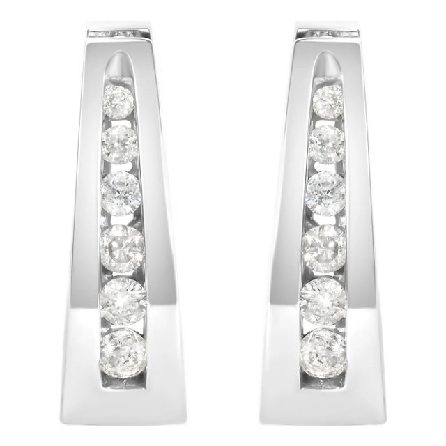 14k White Gold 1/4 Cttw Channel-Set Brilliant Round-Cut Diamond Hoop Earrings, A Pair For Sale