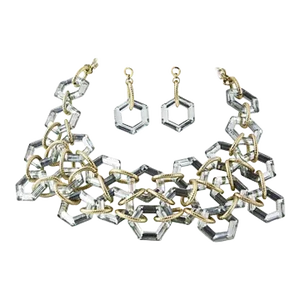 1960s Hexagon Bib Necklace and Dangle Drop Earrings - 3 Pieces