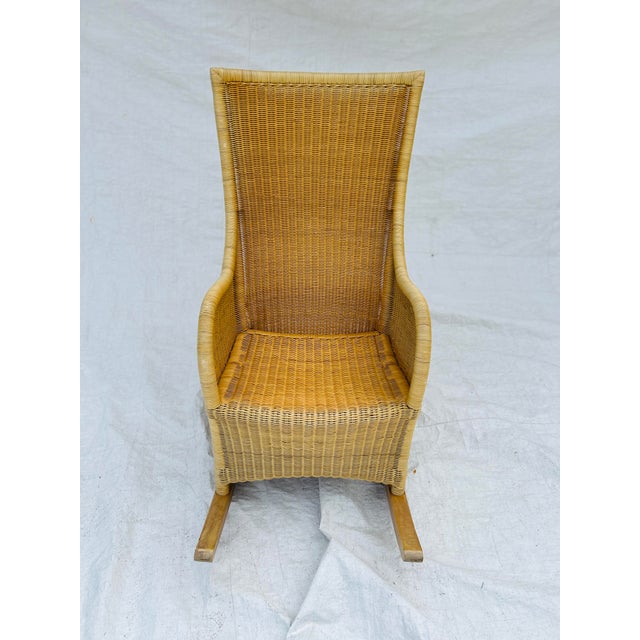 Contemporary Lloyd Flanders Wicker Patio Rocking Chair, No makers mark, in very good and sturdy condition, Cushion with...