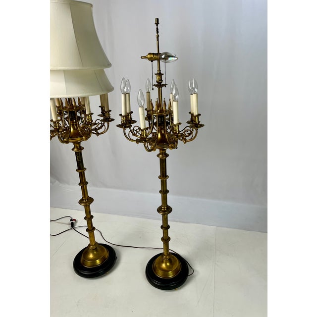 Metal Mid 20th Century Neoclassical 10-Light Brass Candelabra Floor Lamps With Shades - a Pair For Sale - Image 7 of 17