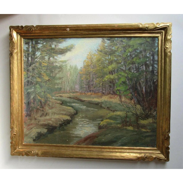 Traditional Maine Forest Landscape With Stream Painting by George Louis Morris American Impressionist Frame For Sale - Image 3 of 12