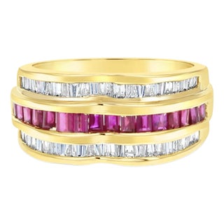 Ruby & Diamond Baguette Cocktail Ring 2.00cttw 14k Yellow Gold, Size 9 For Sale