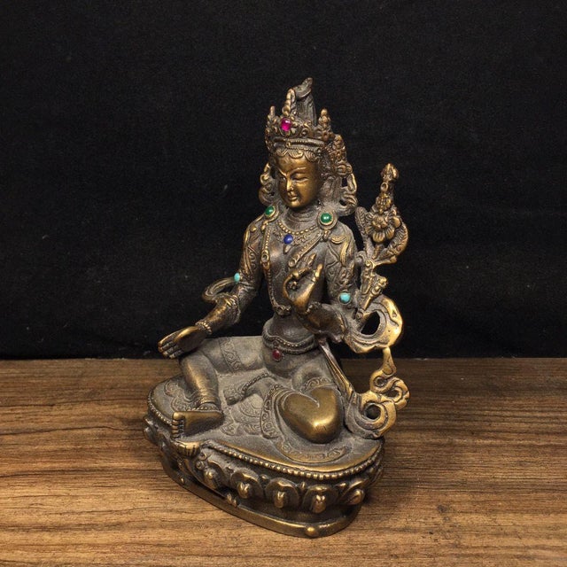 Asian Vintage Bronze Green Tara Statue With Gemstone Inlays For Sale - Image 3 of 9