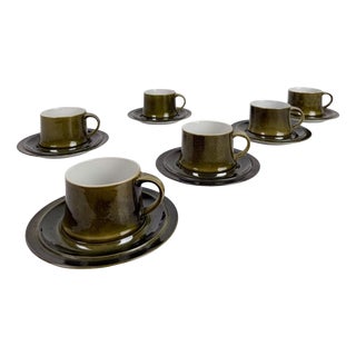 Mid-Century Scandinavian Olive Green Glazed Cups and Saucers, 1970s, Set of 12 For Sale