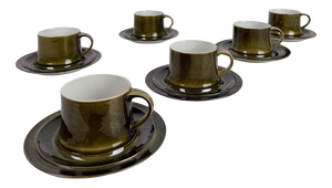 Mid-Century Scandinavian Olive Green Glazed Cups and Saucers, 1970s, Set of 12