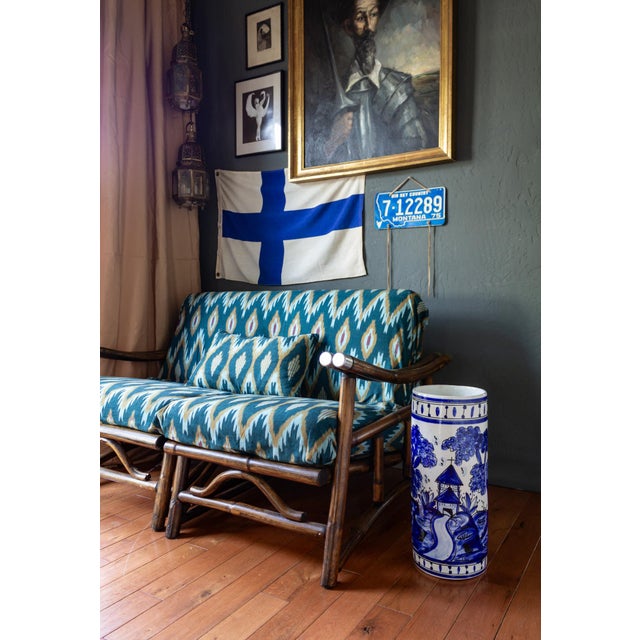 Mid 20th Century Folk Art Blue and White Ceramic Porcelain Umbrella Holder For Sale - Image 5 of 11