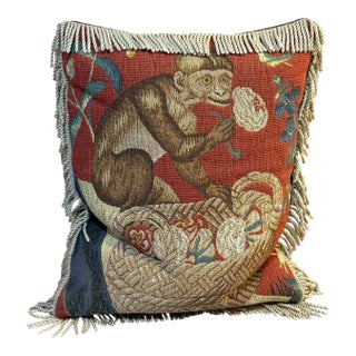 Fringed Needlepoint Monkey Pillow For Sale