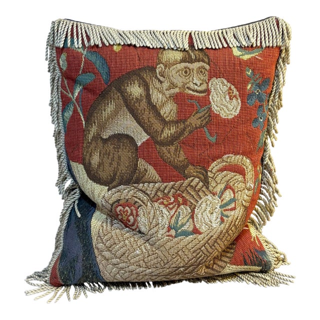 Fringed Needlepoint Monkey Pillow For Sale
