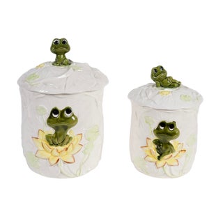 Neil the Frog Sears Roebuck Ceramic Canister Set With Lids Set of 2 For Sale