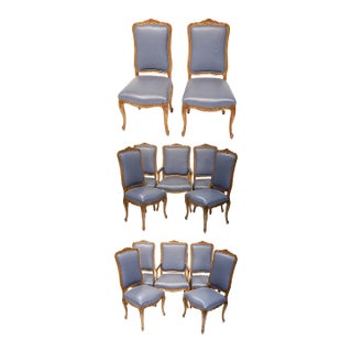 Set of 12 French Style Wood & Leather Dining Chairs Antique Style For Sale
