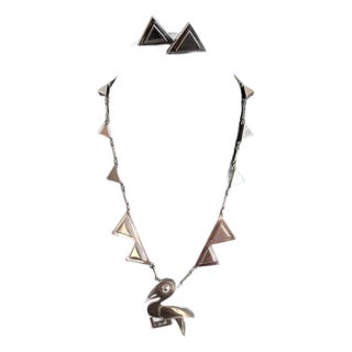 Modern Bird Motif Sterling Silver Necklace and Earrings Set Graziella Laffi For Sale