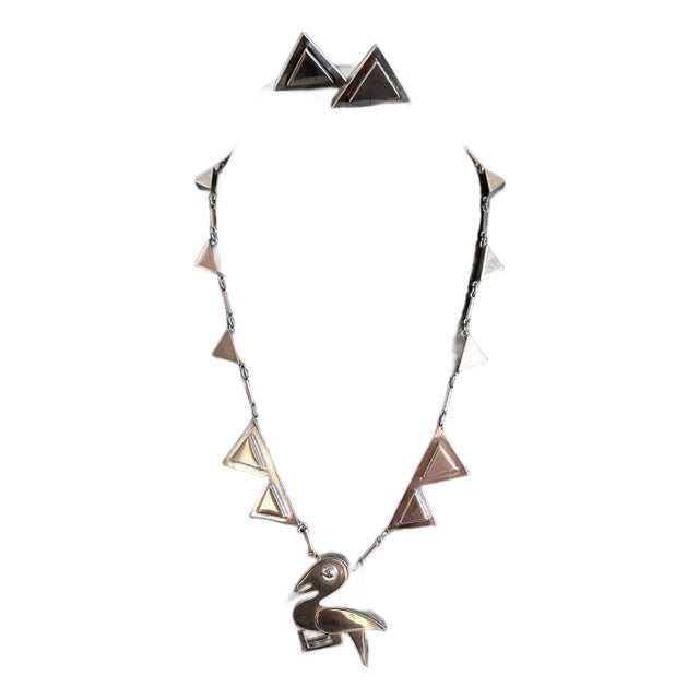 Modern Bird Motif Sterling Silver Necklace and Earrings Set Graziella Laffi For Sale