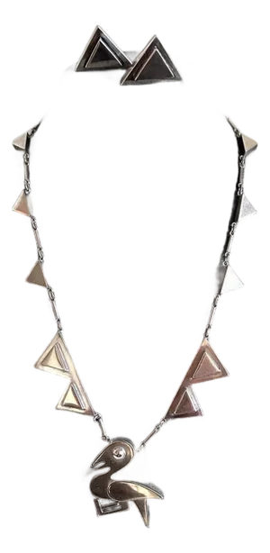 Modern Bird Motif Sterling Silver Necklace and Earrings Set Graziella Laffi
