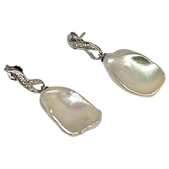 Baroque Diamond Large Fresh Water Pearl Earrings Baroque 14k Gold Certified For Sale - Image 3 of 8