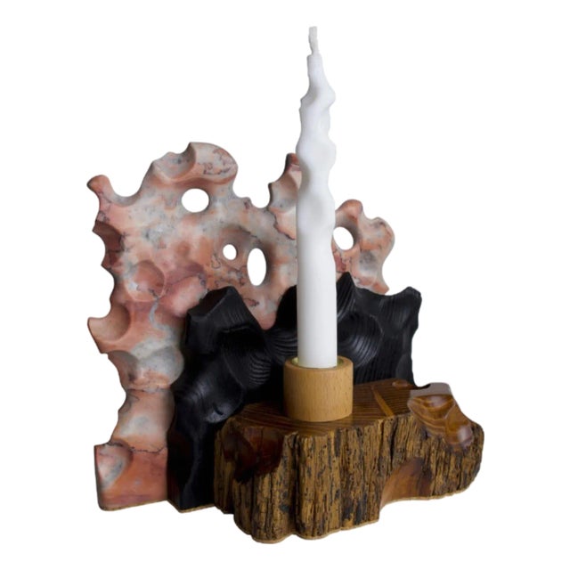 Reclaimed Pine and Pink Marble Candle Holder — Yakisugi Charred, Melting Collection | Gabor Gobi For Sale