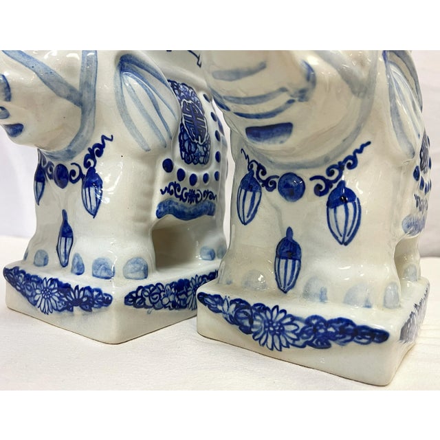 Vintage Blue and White Chinoiserie Ceramic Elephant Plant Stands- a Pair For Sale - Image 9 of 12