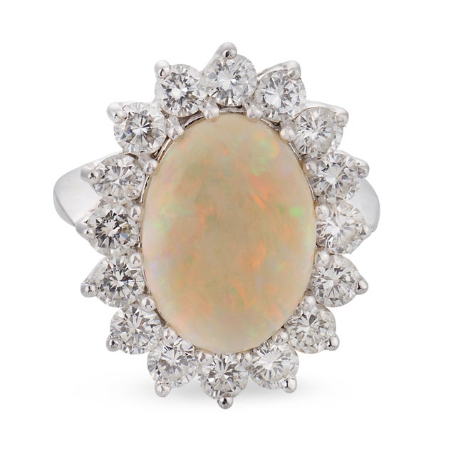 Contemporary Mid Century Opal Diamond 14k White Gold Cocktail Ring, Size 4.5 For Sale - Image 3 of 5