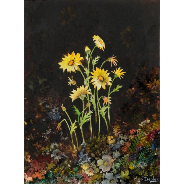 Vibrant, saturated watercolor of yellow daises and other flowers by Walnut Creek, California artist Olga Degles...