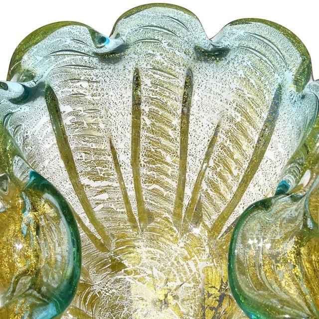 Vintage Murano Barovier Toso Aqua Green Rim Gold Flecks Ribbed Surface Italian Art Glass Decorative Bowl For Sale In Orlando - Image 6 of 9