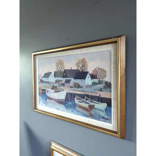 Mid 20th Century Mid-Century Modern 'Cottages by Quiet Water' Swedish Original Landscape Oil Painting, Framed For Sale - Image 5 of 11
