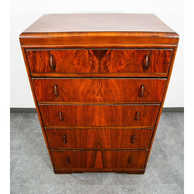 Mid Century Modern Highboy Dresser 5 Drawer Walnut Vintage MCM Metal Burl Wood For Sale - Image 11 of 12