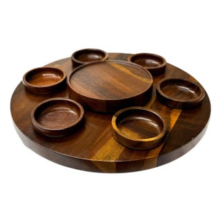1970s Lazy Susan & Bowls in Rosewood, Tropic Art - 8pcs For Sale