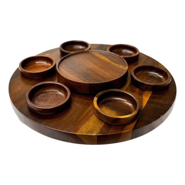 1970s Lazy Susan & Bowls in Rosewood, Tropic Art - 8pcs For Sale