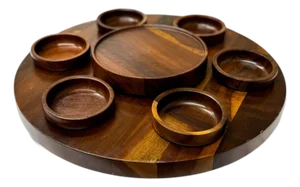 1970s Lazy Susan & Bowls in Rosewood, Tropic Art - 8pcs