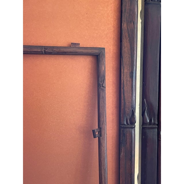 Antique Asian Mirrored Four Panel With Carved Details Folding Screen For Sale - Image 10 of 12