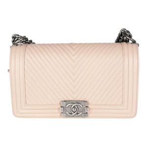 Light Beige Chevron Quilted Lambskin Medium Boy Bag