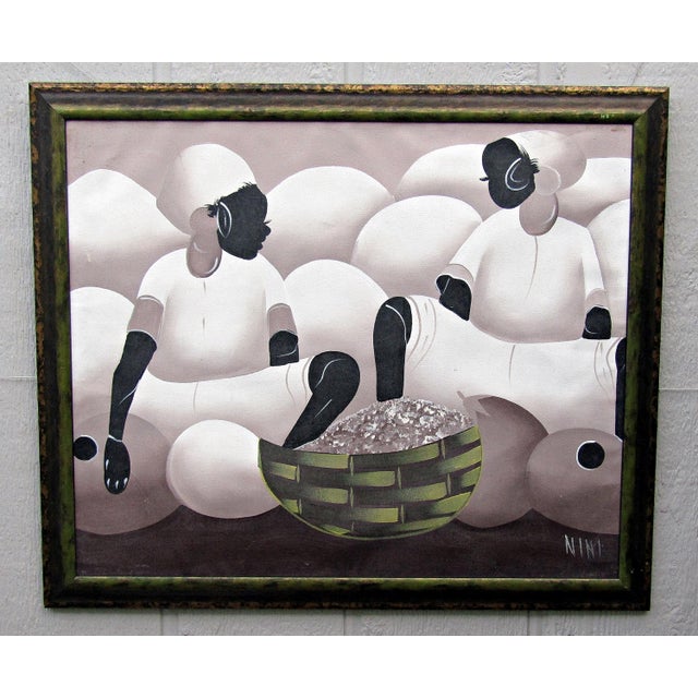 1980s Signed Nini Haitian Style Original Oil Painting, Professionally Framed For Sale - Image 4 of 10