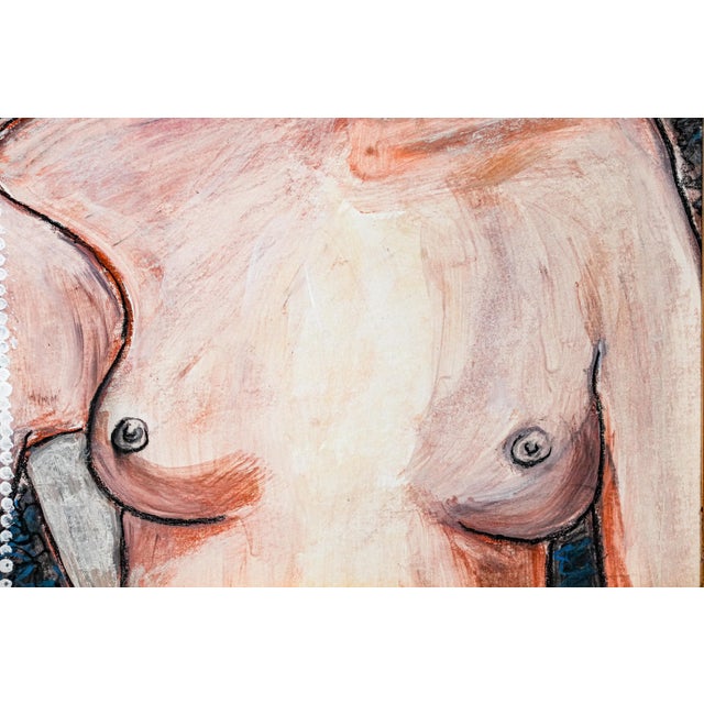 Evocative Boho Style Nude Female Charcoal Portrait Drawing Gold Frame For Sale In New York - Image 6 of 14