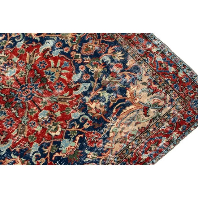 Antique Distressed Persian Tabriz-Style Navy & Red Floral Rug For Sale - Image 6 of 7