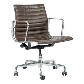 Eames Herman Miller Brown Leather Aluminum Group Thin Pad Desk Chair, 2008 For Sale