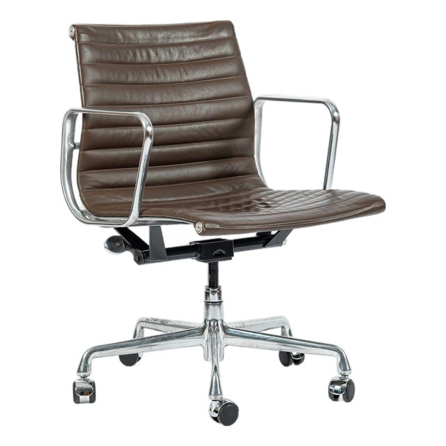 Eames Herman Miller Brown Leather Aluminum Group Thin Pad Desk Chair, 2008 For Sale