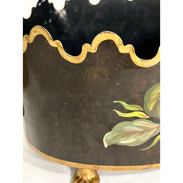 Maison Lancel Vintage French Black Tole Cachepot With Hand-Painted Fruit and Gilt Scalloped Rim Lion Head Ring Handles For Sale - Image 15 of 17