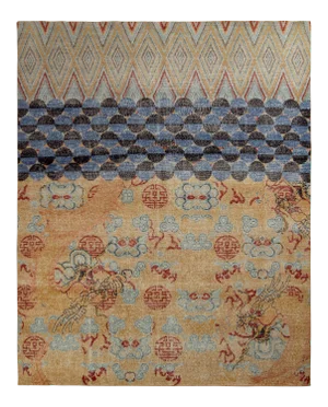 Handknotted Multi Patterned Chinese Dragon Rug, Orange and Blue, 8'x10'